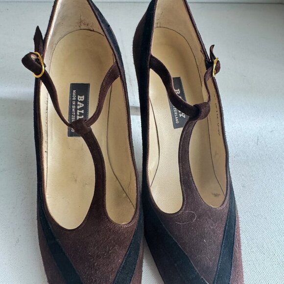 Vintage Bally Two Tone Brown Black T Strap Suede Heels 8C - Picture 8 of 9